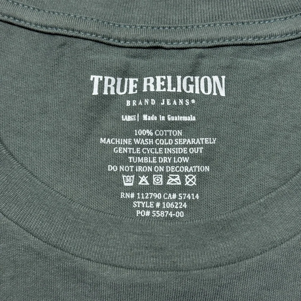 True Religion Shirt Mens Large Green Buddha Logo Seal Short Sleeve Tee *